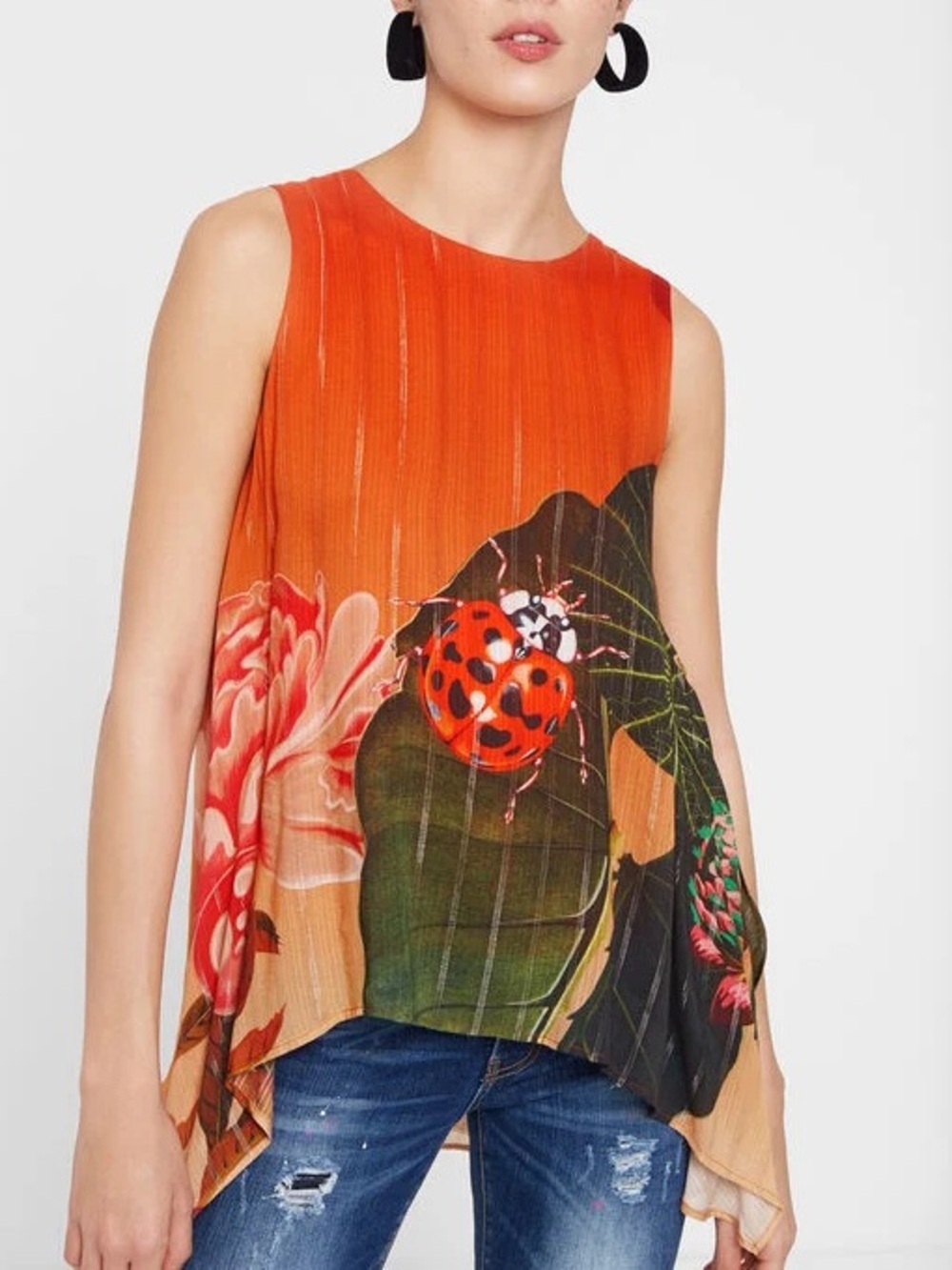 Desigual Orange Floral Tank with Ladybug Motif
